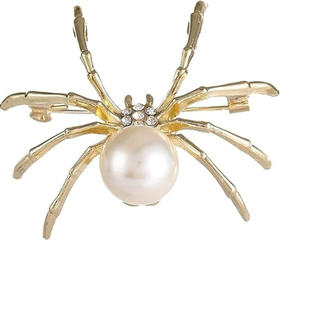 Gold Spider Brooch Faux Pearl Rhinestone Halloween Gothic Pin - Picture 4 of 7